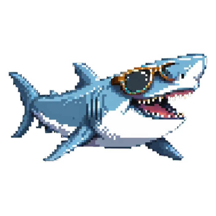 pixelated shark smiling with white teeth wearing dark sunglasses sticker