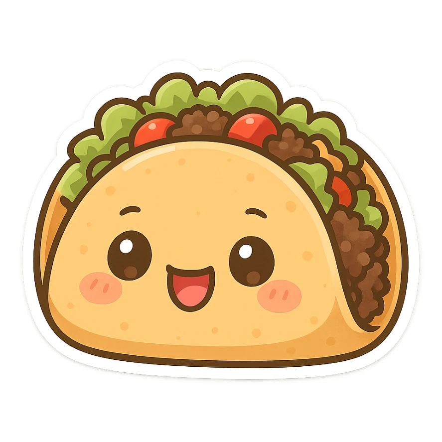 chibi sticker-style taco with a smiling face, cute and exaggerated sticker