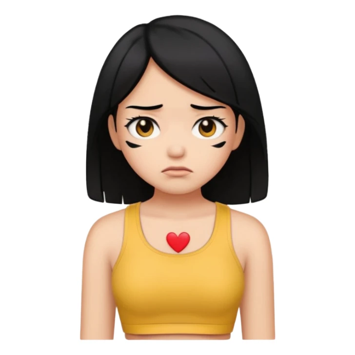 OnlyFans model with black hair, wearing a crop top, looking sad, emoji style sticker