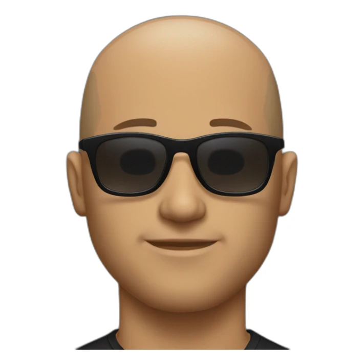 bald man with light beard and expensive sunglasses with a black compressive t-shirt sticker
