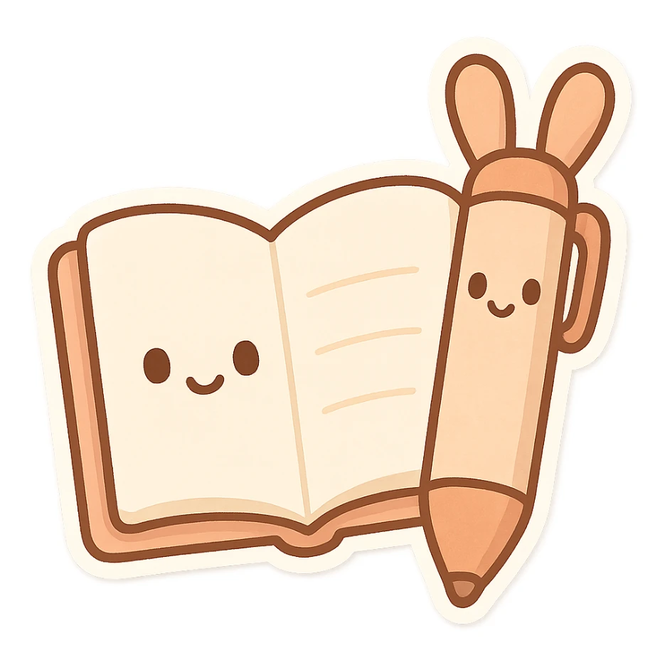 cute open notebook and pen with ears, chibi stickers style, cartoonish sticker