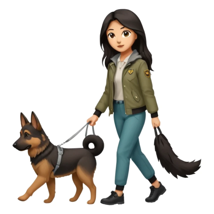 A girl with rather long brown-black hair is walking her German Shepherd. She's dressed very nicely in cute pants and a stylish jacket. sticker
