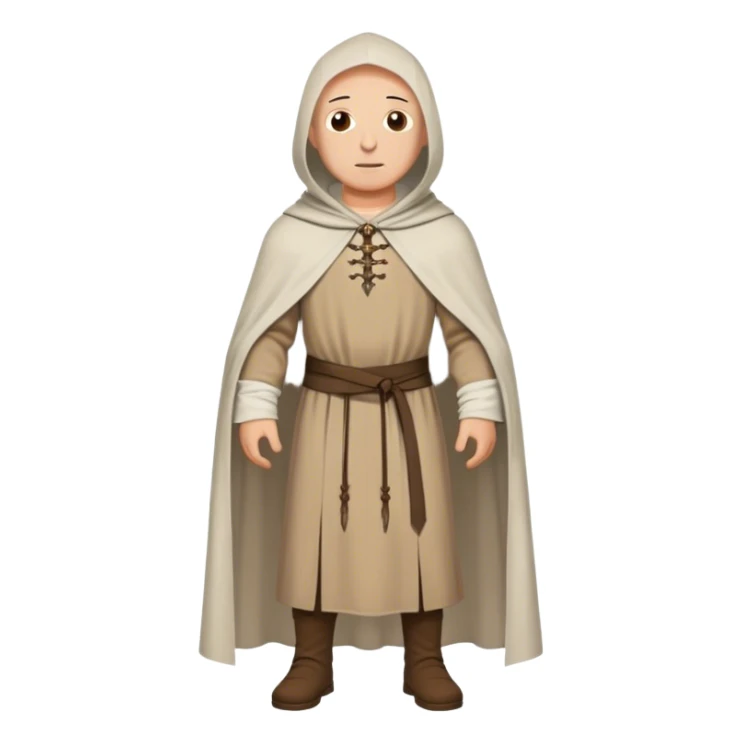 medieval outfit worn by a DnD themed fantasy character. basic cotton tunic with a hooded cloak and a laced neckline. clothes only above the waist. The clothes full waist. The character's haven't arms. character is bald, brown eyes, tan-skinned man. sticker