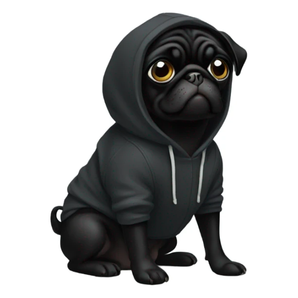 Black pug wearing a black hoodie sticker