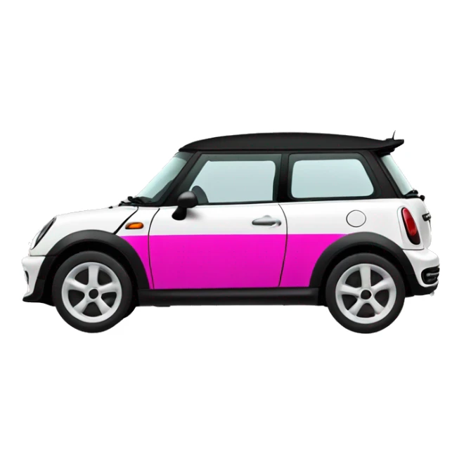 Black mini cooper, white roof, black drivers doors, with hot pink hood stripes sticker