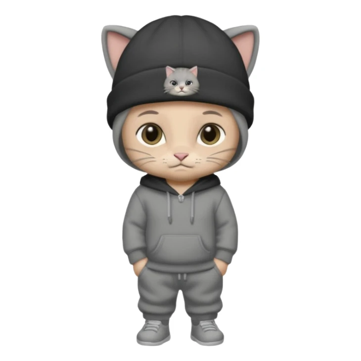 Grey baby cat wearing a black raider beanie and charcoal sweat pants  sticker