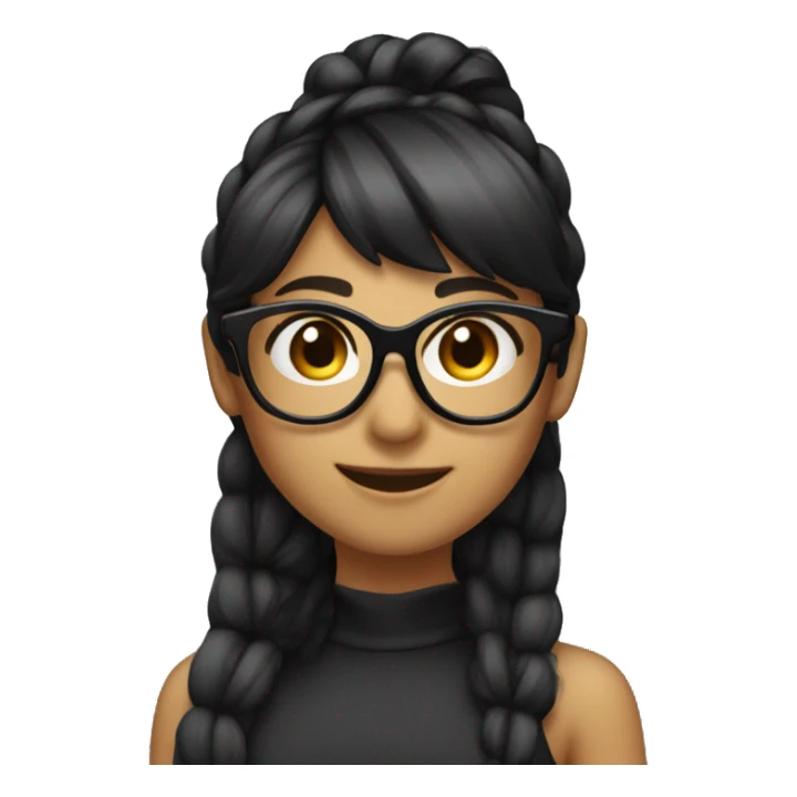 female, bangs on ponytail, black hair, black glasses, cute smile, note sticker