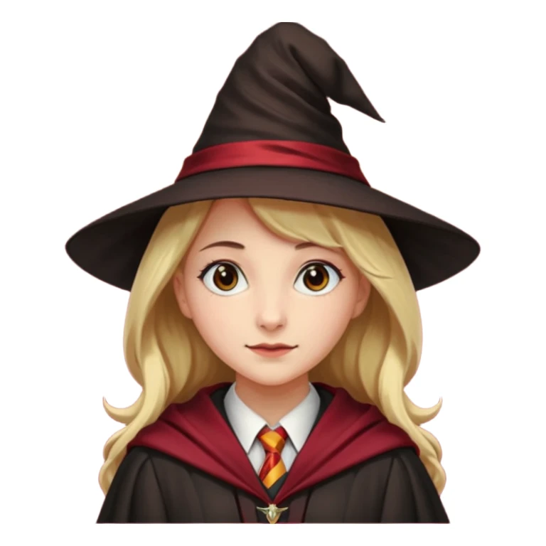 A young woman wearing a classic witch’s hat, red tie, and wizarding robes. This outfit suggests she's a student from Gryffindor House (from the Harry Potter universe), as the red tie is a signature detail of that house's uniform. sticker