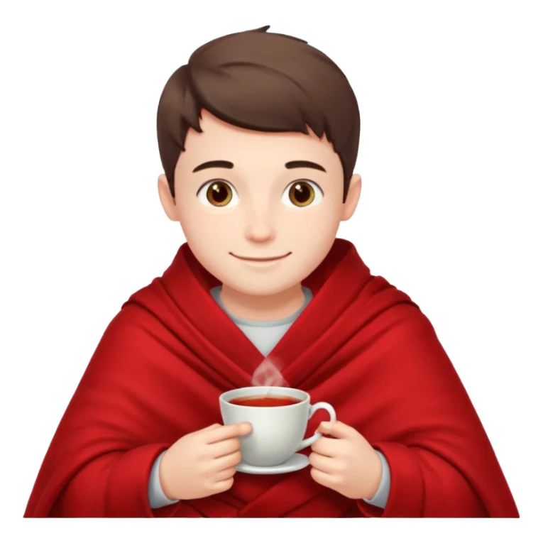a European boy is sitting in a red blanket, drinking tea sticker