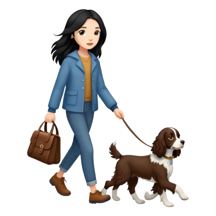 A girl with long black hair walks a brown springer spaniel sticker
