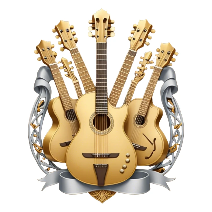 Create a complex, ceremonial, and professional emoji resembling a coat of arms, symbolizing plucked string instruments. The design should feature a combination of elements such as the necks and fretboards of various plucked string instruments like guitars, harps, and mandolins. The strings should be clearly visible, and the frets should be detailed. Intertwining with the instruments, there should be a flowing ribbon of musical notes, curving elegantly around the instruments and connecting them. The colors should include golden metallic tones, warm wood finishes, and silver accents to emphasize the professional and festive nature of the design. The background should be regal, using subtle textures or patterns to give a sense of grandeur, while keeping the instruments and notes as the focal point. The design should evoke a sense of celebration and sophistication, reflecting the rich tradition of plucked string instruments. sticker