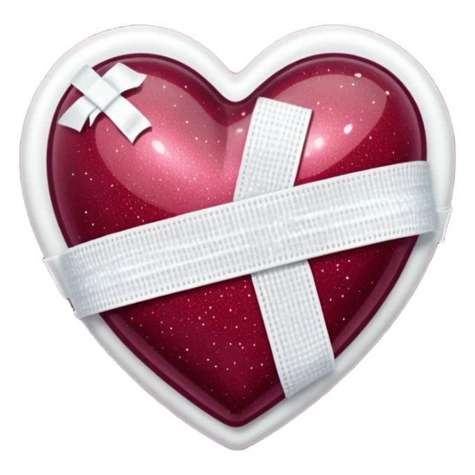 Burgundy sparkly glittery heart, glassy finish, with one white bandage wrapped around it, high resolution sticker