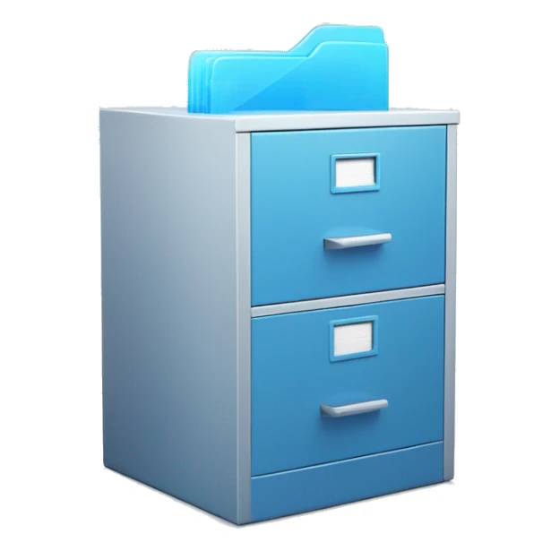 File cabinet with 3d glass icon folder with documents in blue color, clothing and data sticker
