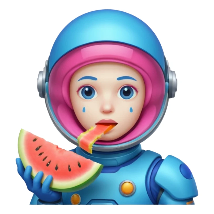 Neon pink and blue spaceman eating melon looking suspicious sticker