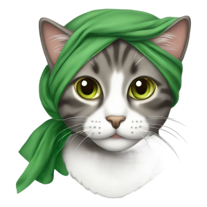 Dark grey brown tabby cat with green eyes wearing a head scarf sticker