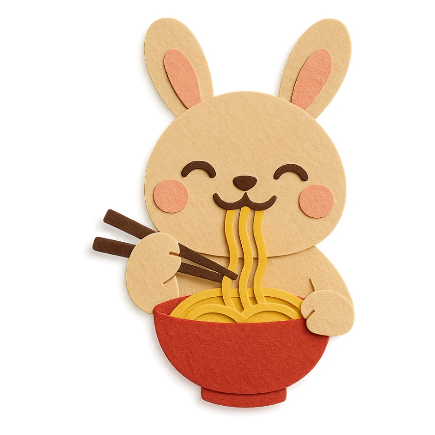beige bunny happily slurping noodles, using correct chopstick appearance, paper-craft style sticker