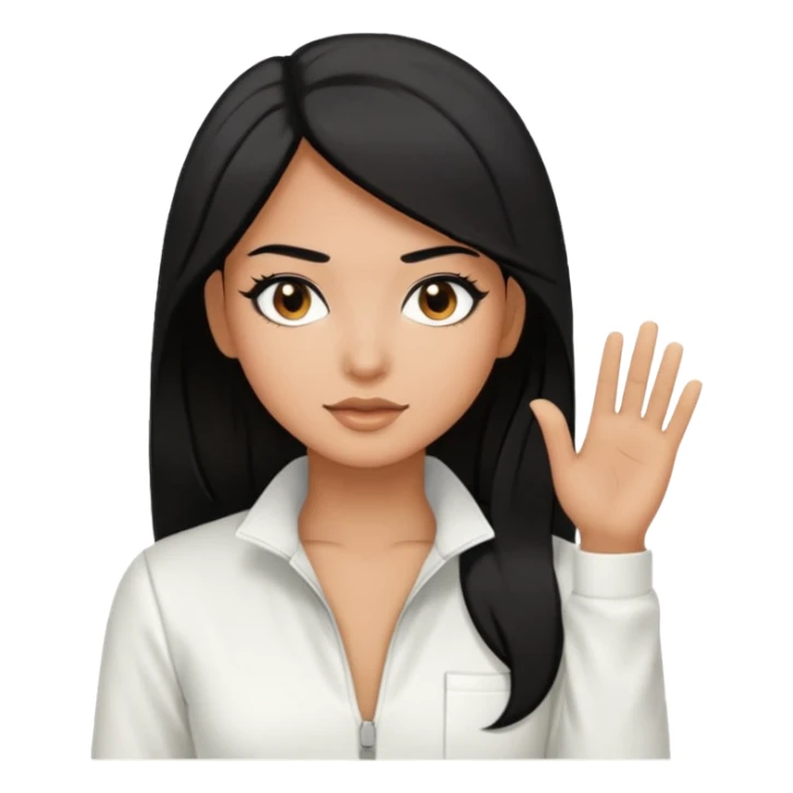 Tan medium length black hair black eyes light makeup white jumpsuit sticker