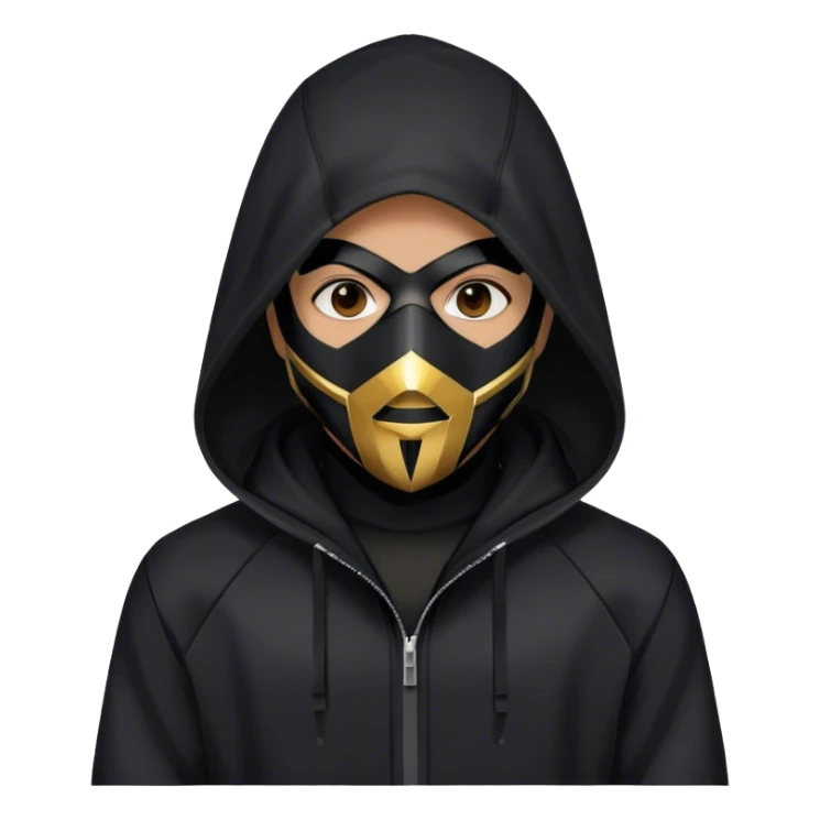man with black hooded jacket and a full-black full-face geometric mask sticker