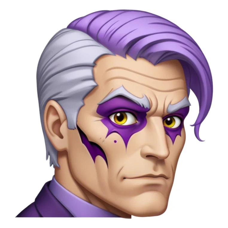 two-face, harvey dent, batman villian, right side of face purple, grey hair sticker
