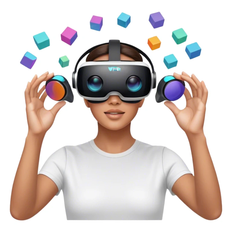 Create an emoji for the creation of VR/AR technology. Show a designer's hands holding a VR headset or AR glasses, with floating 3D models or virtual objects being manipulated in the air. Use modern, tech-inspired colors. Do not include any emojis or smiley faces. Make the background transparent. sticker