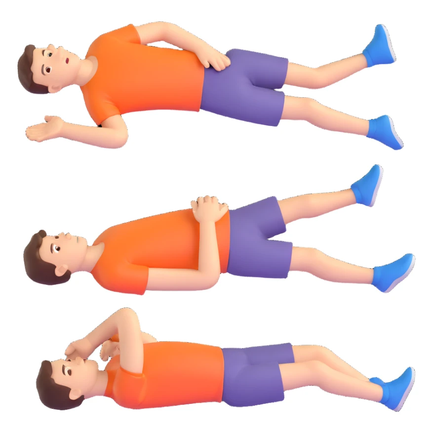 Transform the image into a single 3D emoji with 80% realistic style, featuring the three male lay-down action poses together, on a transparent background. sticker