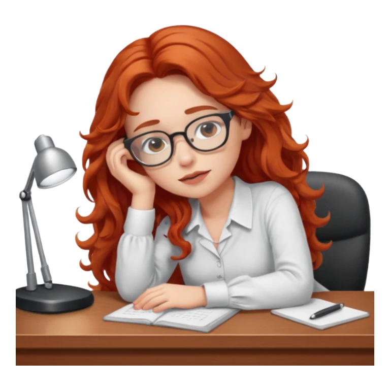 Pretty white model, brown eyes, soft long red wavy hair, falling asleep at desk sticker