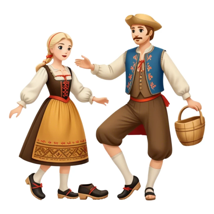 Cinematic Realistic scene of two performers executing the Klompendans, dressed in traditional Dutch costumes complete with wooden clogs and detailed folk patterns, captured in lively motion with soft, natural lighting sticker