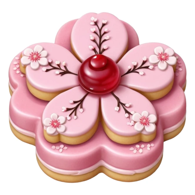 Realistic shortbread cookie in the shape of a cherry blossom with pale pink color jelly middle filling and sprinkled powder sugar on top. sticker