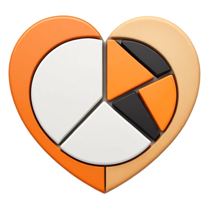 heart divided into three pie chart segments: black, white, and orange sticker