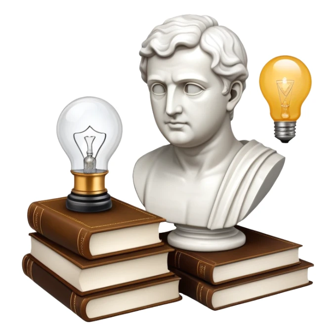 An icon featuring a classical bust, a book of philosophy, and a lightbulb, symbolizing the study of philosophy. The design includes an abstract symbol of thought and reasoning, representing deep intellectual inquiry and exploration of ideas. Transparent background sticker