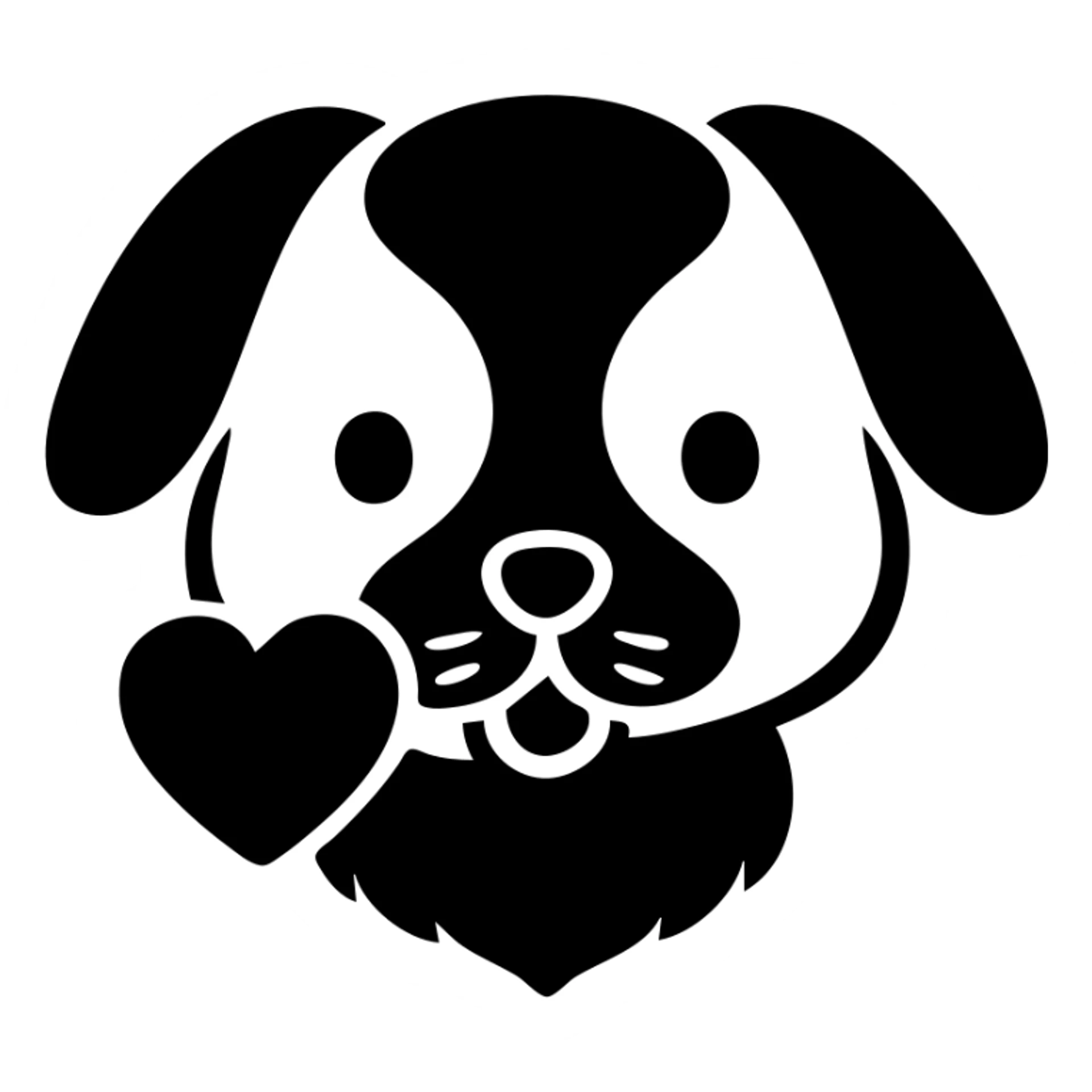Transform this image into a clean, modern logo of a stylized dog holding a heart in its mouth. Use minimal lines and bold shapes suitable for branding. No background, transparent. sticker