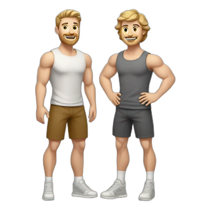 Full height Actively gesturing with hands Pale skinned Fit Man With the biceps and light brown hair with Bristle in dark gray Sleeveless Mike, brown oversize sports shorts and white Sneakers sticker