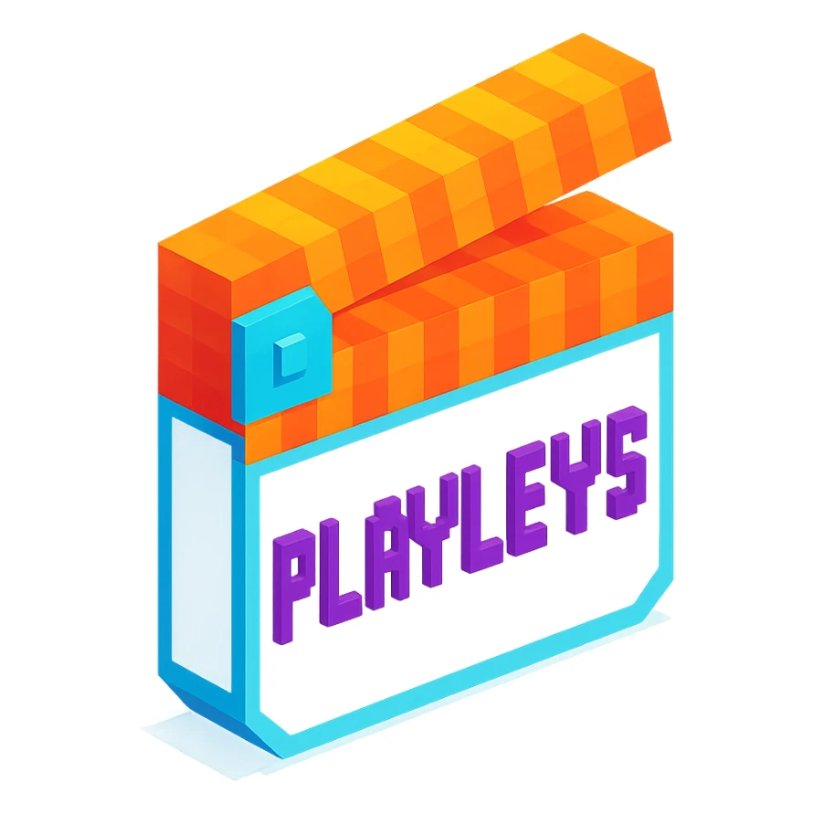 voxel style movie clapperboard with the text 'PLAVLEYS', orange lid, white body, isometric view sticker