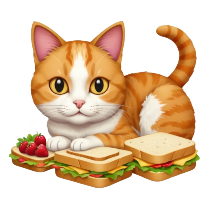 Cat in a grocery store on the floor with fruit and sandwiches in the background  sticker