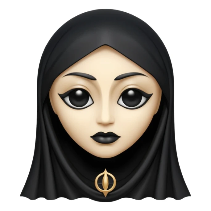 Emoji style, gothic religious icon inspired by madonna imagery, single eye motif formed from black metal, draped metallic folds, high-fashion avant-garde aesthetic, heavy sculptural form, no glow, no neon, flat minimalist emoji, centered, transparent background sticker