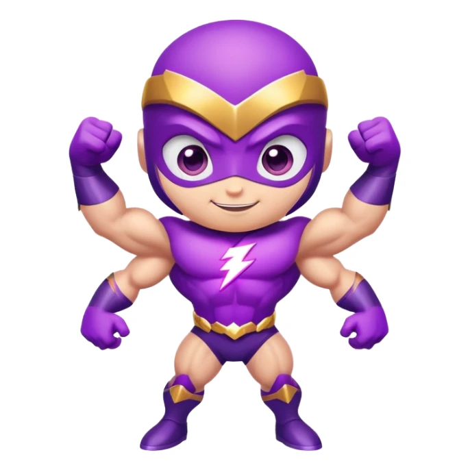 adorable purple insect superhero with big bulging muscles, electric lightning arms, huge cartoon eyes, and a confident smiling expression sticker