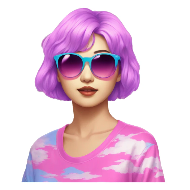 a short-haired Taiwanese lesbian with vaporwave style, sunglasses with vaporwave image on it. sticker