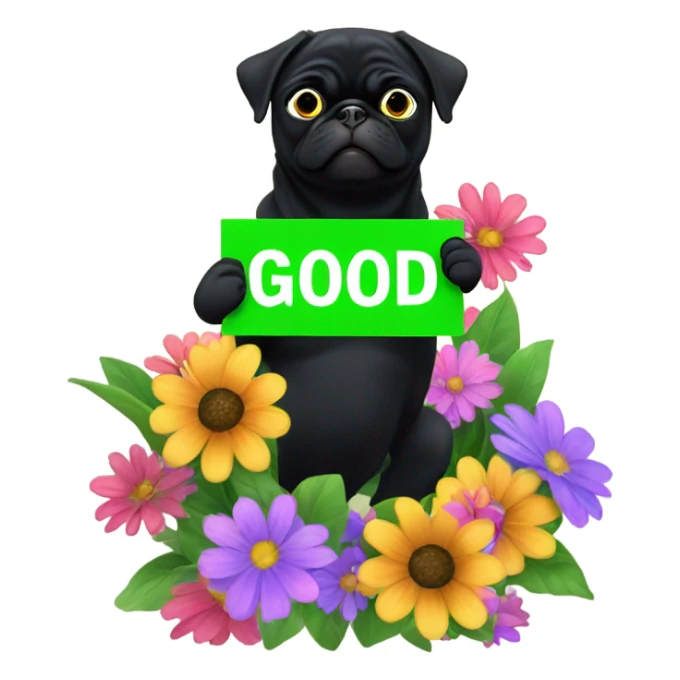 Black pug , surrounded by flowers, holding a green sign that says “good luck”  sticker