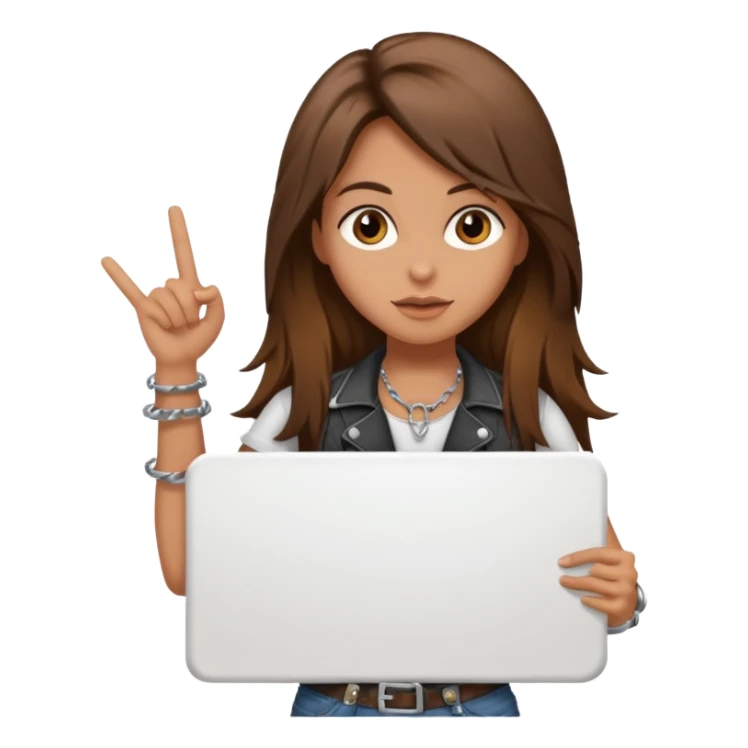 A rocker chick with long brown hair holding a large blank sign sticker