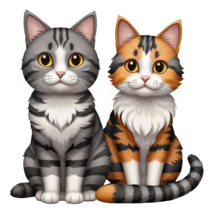 A grey tabby cat with dark grey stripes sitting next to a calico cat  sticker