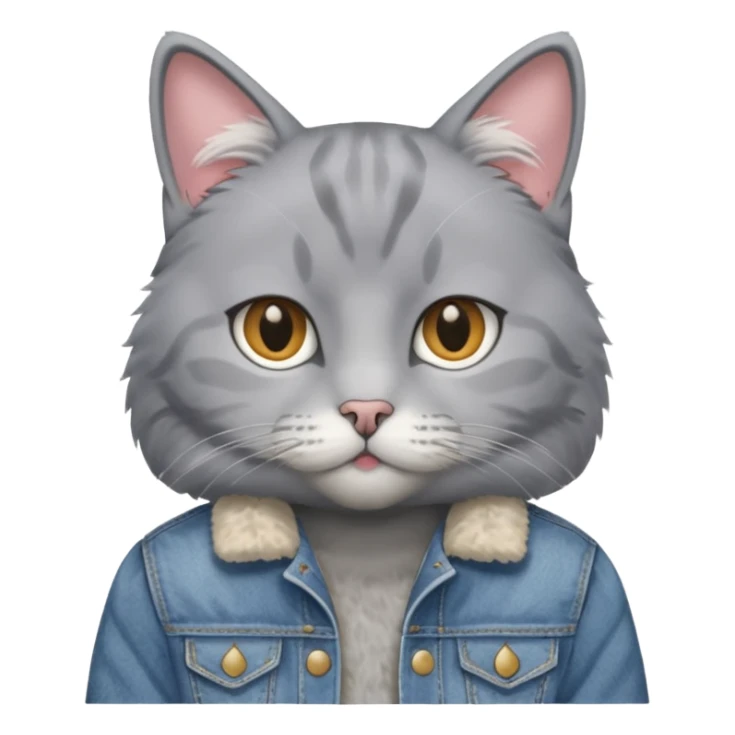 Gray cat with calm eyes, half body, jean jacket sticker