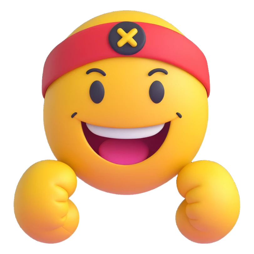 3D smiley emoji, round shape, wearing wrestling headband, sporty face sticker