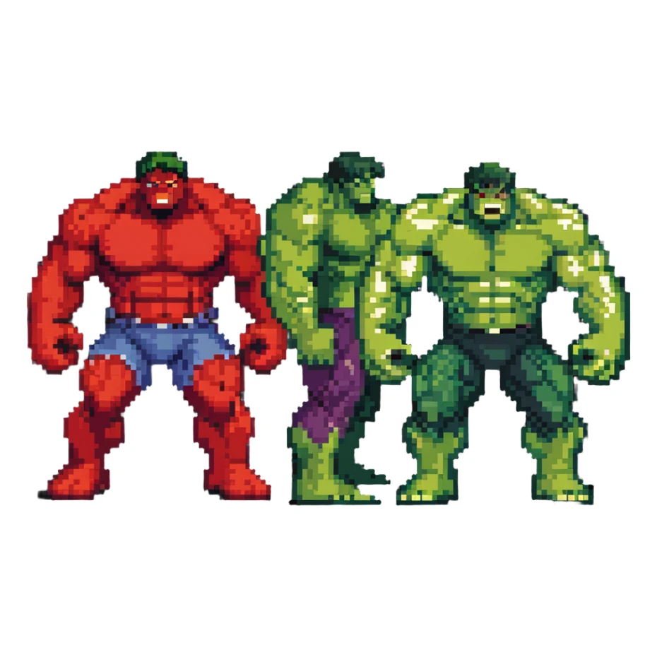 Red Hulk, World Breaker Hulk, and Maestro Hulk forms in retro game style sticker