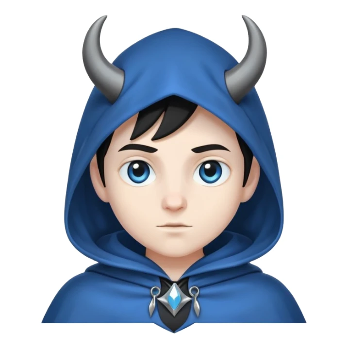 character with blue cloak, black body, white eyes, small horns under the hood sticker