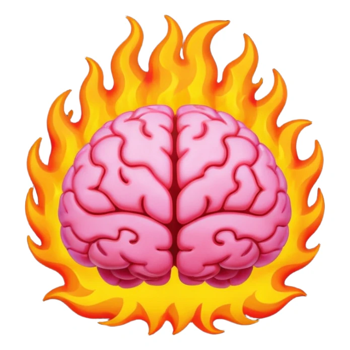 minimal emoji of a brain engulfed in bright, vibrant flames, symbolizing passion and discovery, high contrast, compact, clear for emoji use sticker