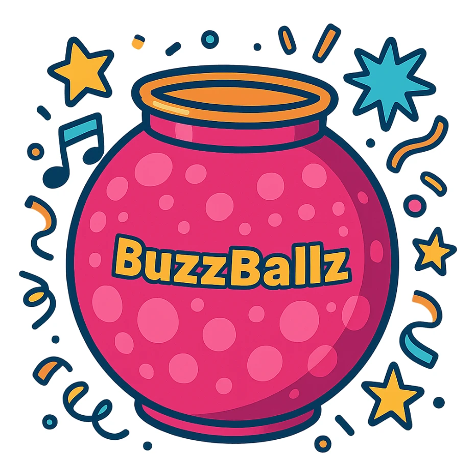 oversized pink BuzzBallz, bubbly and vibrant, with a party feel sticker