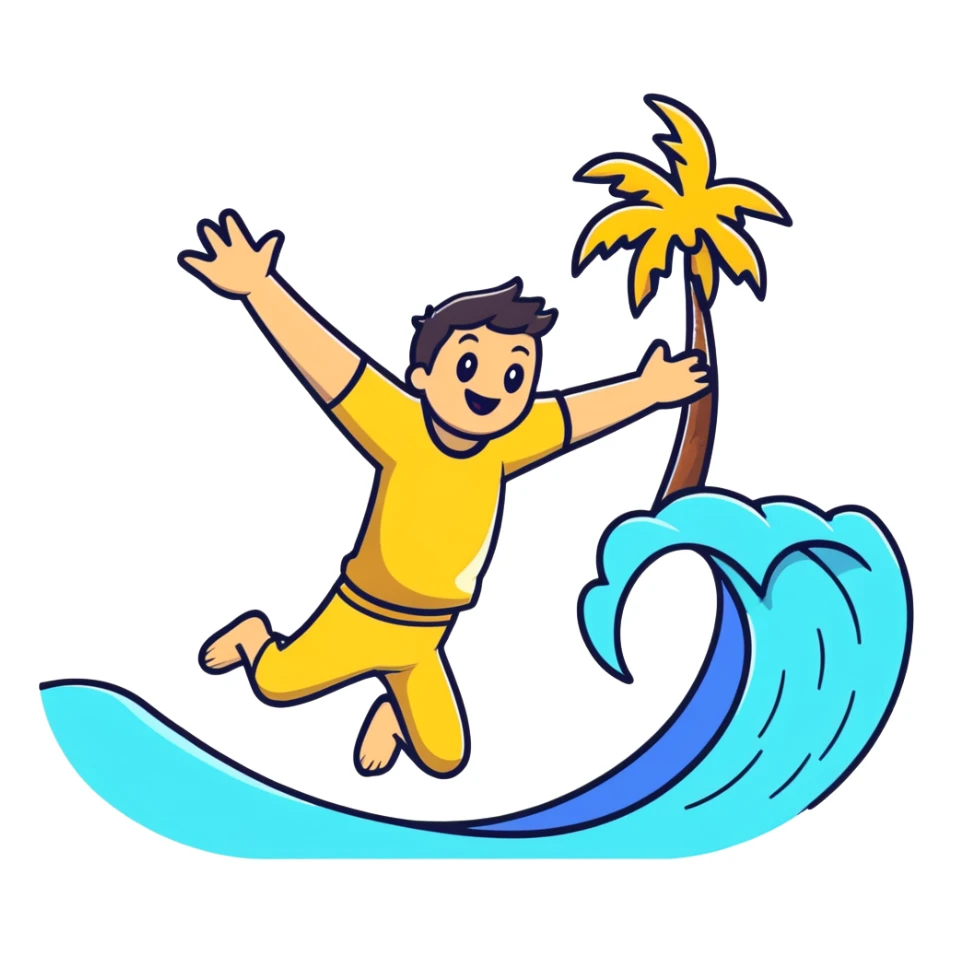 Fun cartoon character jumping happily on beach with waves and palm tree, bright colors sticker