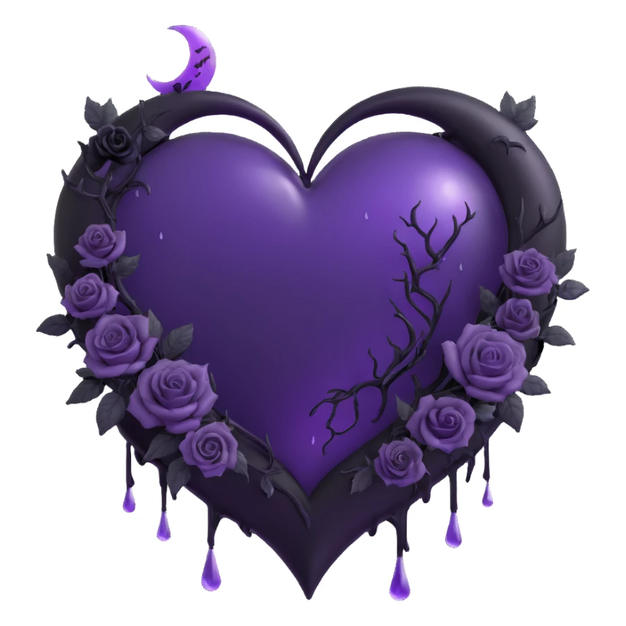 gothic heart, translucent purple glass, crescent moon with black drips, heart-shaped black roses, faint lightning bolts, misty rain, cracked glass with glowing mist sticker