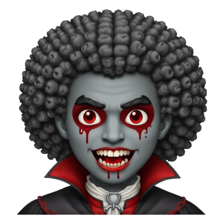 vampire with grey skin, fanged teeth, blood on face and a curly Afro sticker