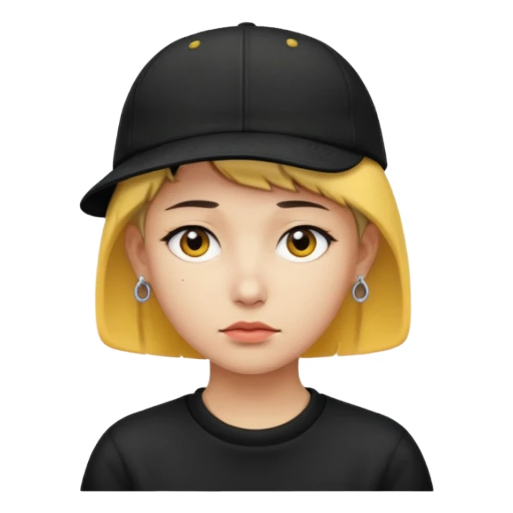 Create me an emoji like that, sad, with earrings, a black cap backwards, yellow skin like an emoji, and short hair down to the nape of my neck. sticker